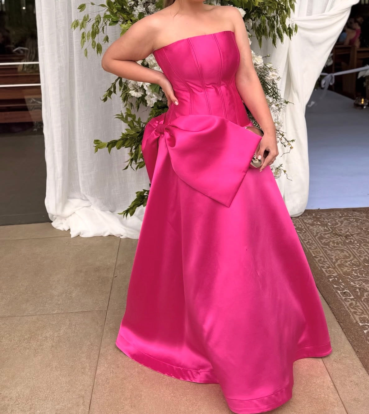 Strapless Pink Satin Wedding Guest Dress With Bow Knot  J12147