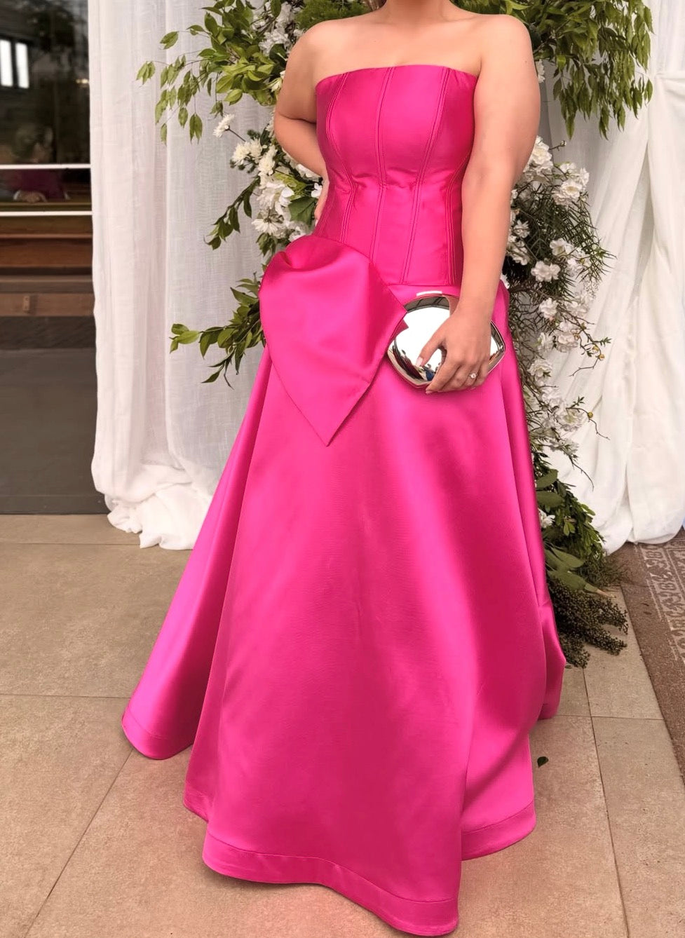 Strapless Pink Satin Wedding Guest Dress With Bow Knot  J12147