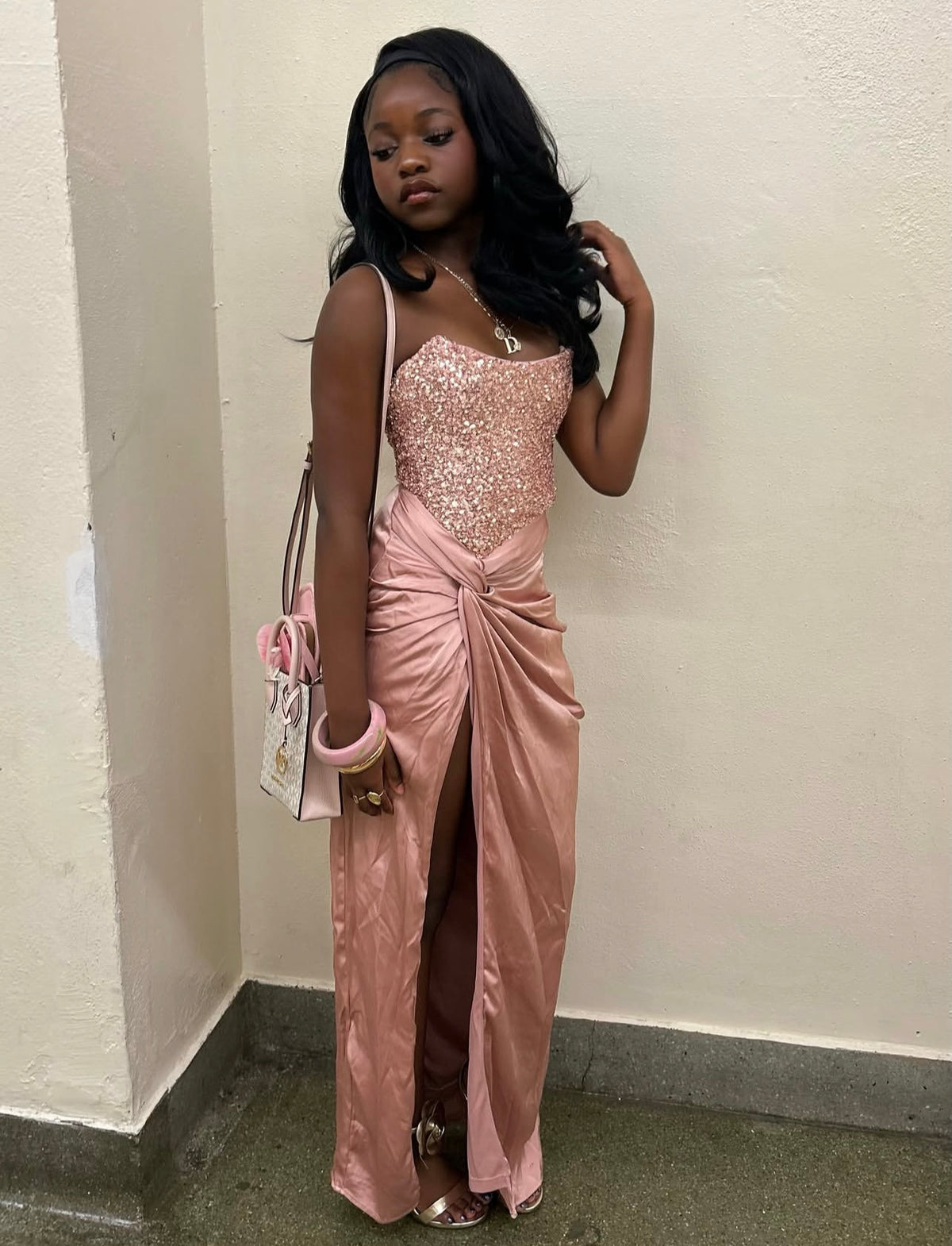 Strapless Pink Sequins Satin Sheath Prom Dress With Slit  J12222