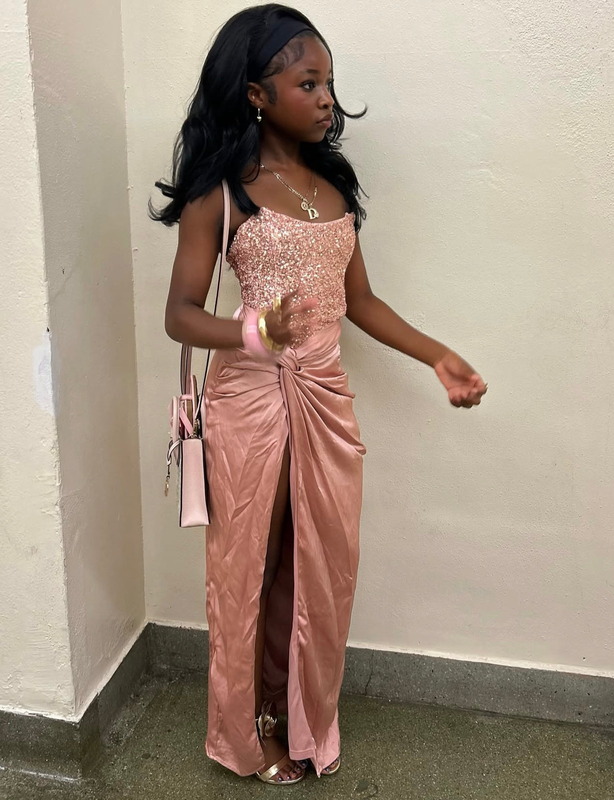Strapless Pink Sequins Satin Sheath Prom Dress With Slit  J12222