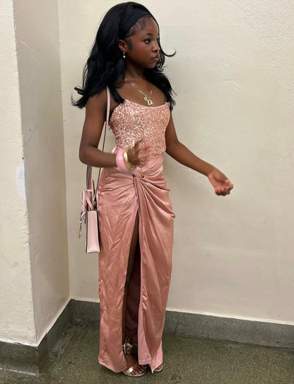 Strapless Pink Sequins Satin Sheath Prom Dress With Slit  J12222