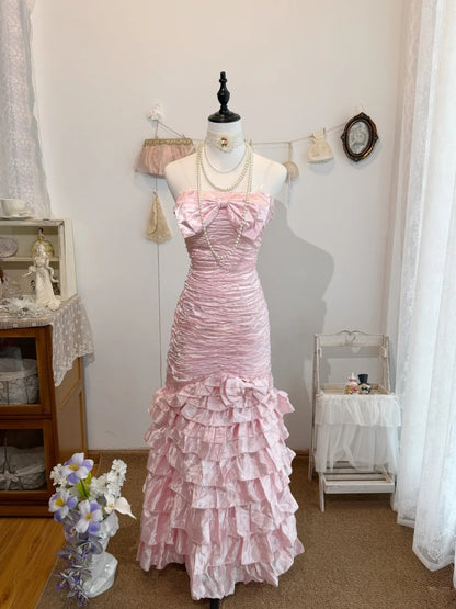 Strapless Pink Sheath Layered Prom Dress Formal Evening Dress  J10321