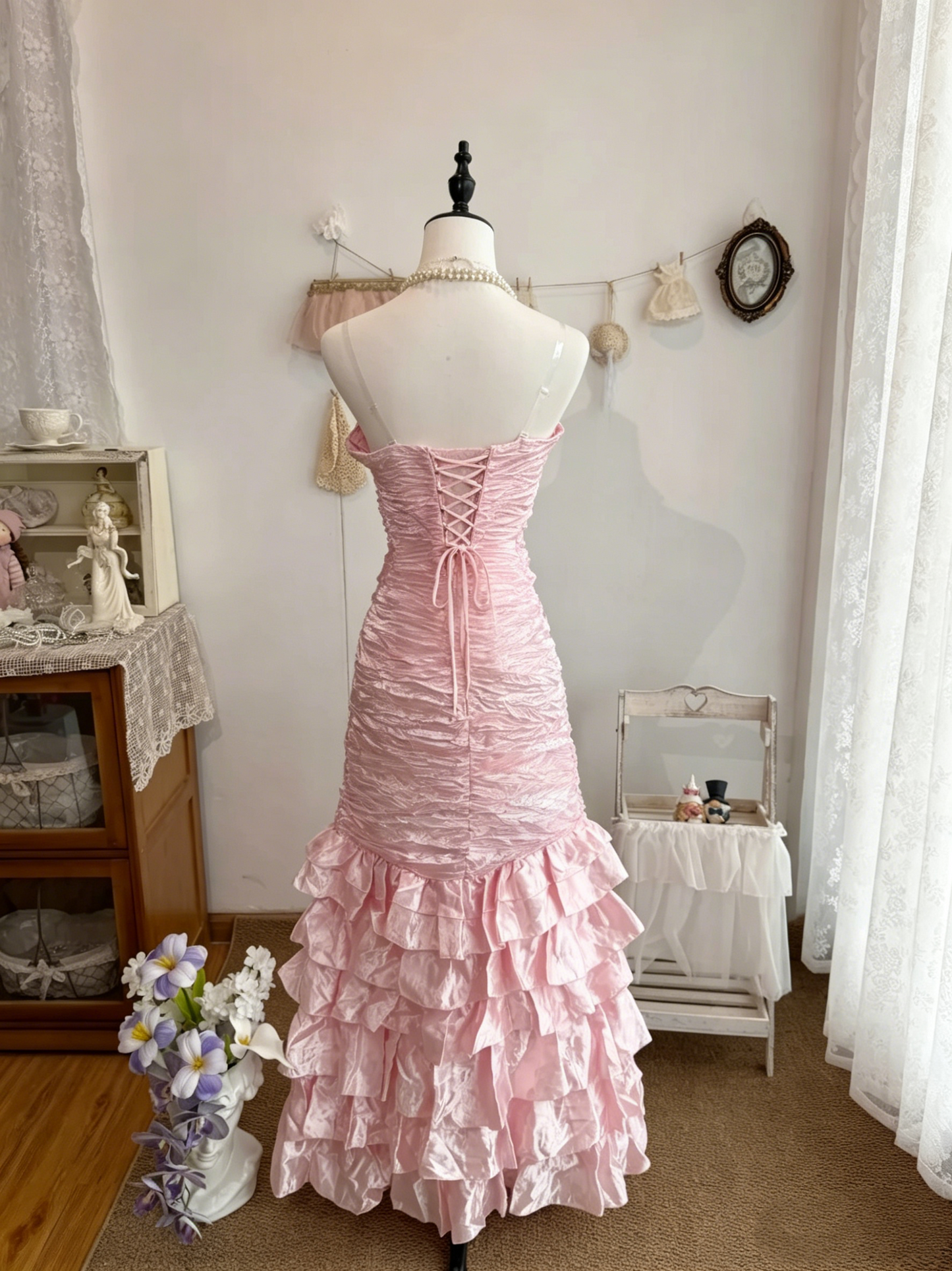 Strapless Pink Sheath Layered Prom Dress Formal Evening Dress  J10321