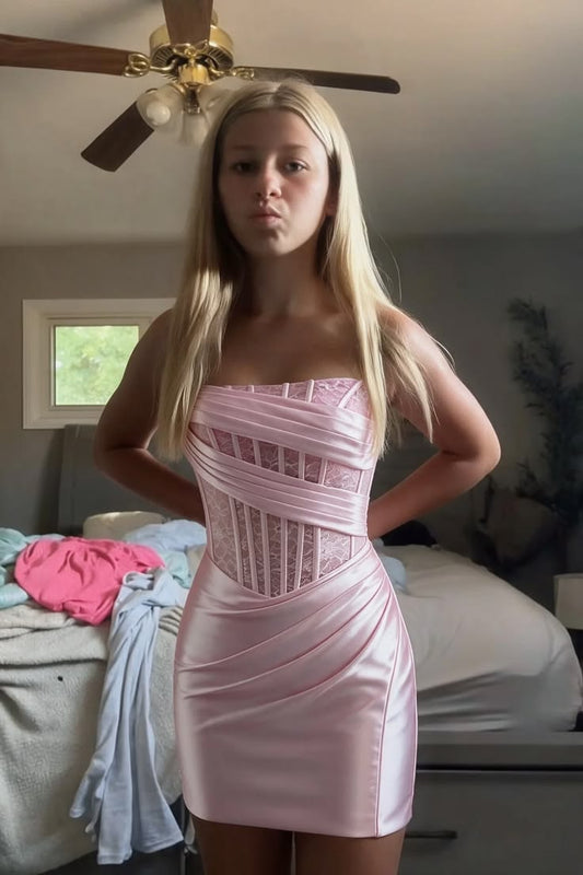 Strapless Pink Sheath Satin Mini Homecoming Dress J11621