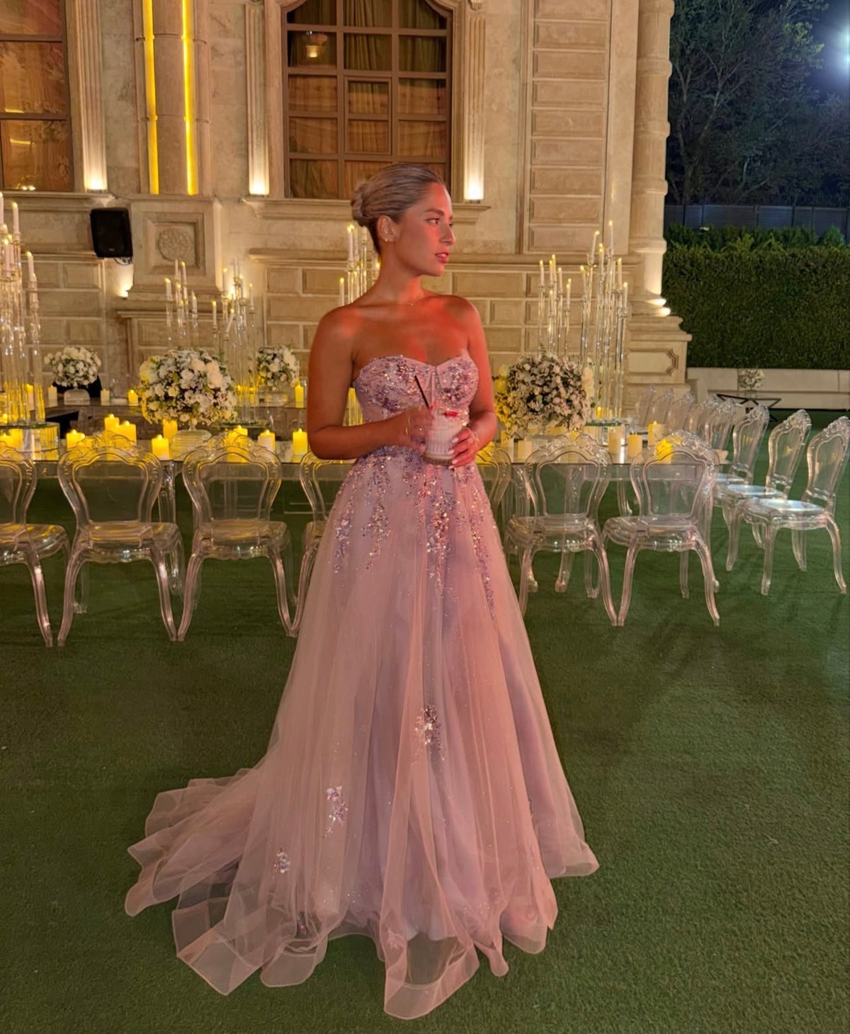 Strapless Pink Tulle Formal Prom Dress With Sequins Appliques J12014