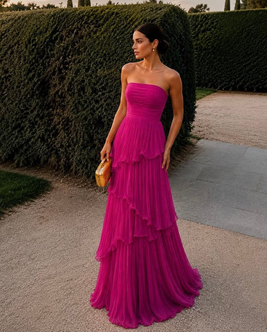 Strapless Pleated A Line Wedding Guest Dress Ruffled Prom Dress  J11838