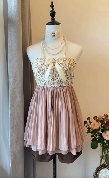 Strapless Pleated Pink Lace Homecoming Dress Short Birthday Dress  J11727
