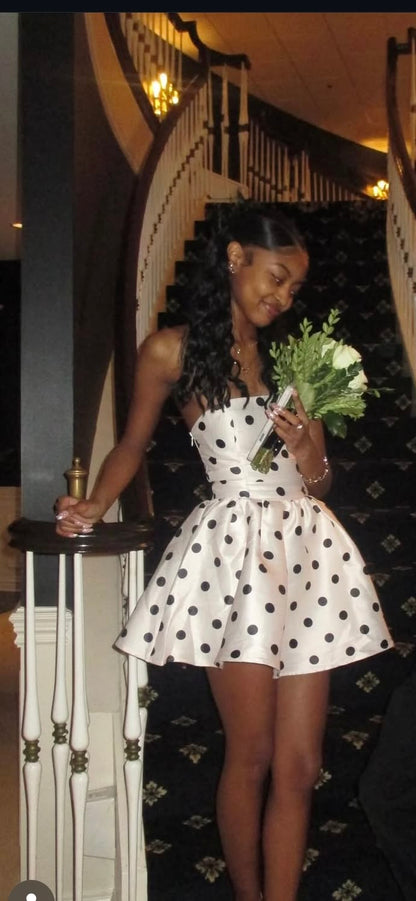 Strapless Polka Dots A Line Short Birthday Dress Satin Homecoming Dress  J10780