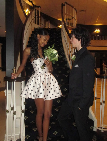 Strapless Polka Dots A Line Short Birthday Dress Satin Homecoming Dress  J10780
