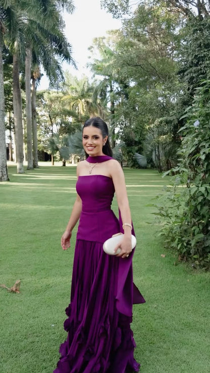 Robe de bal bustier violette en satin avec appliques, robe de soirée formelle J9413