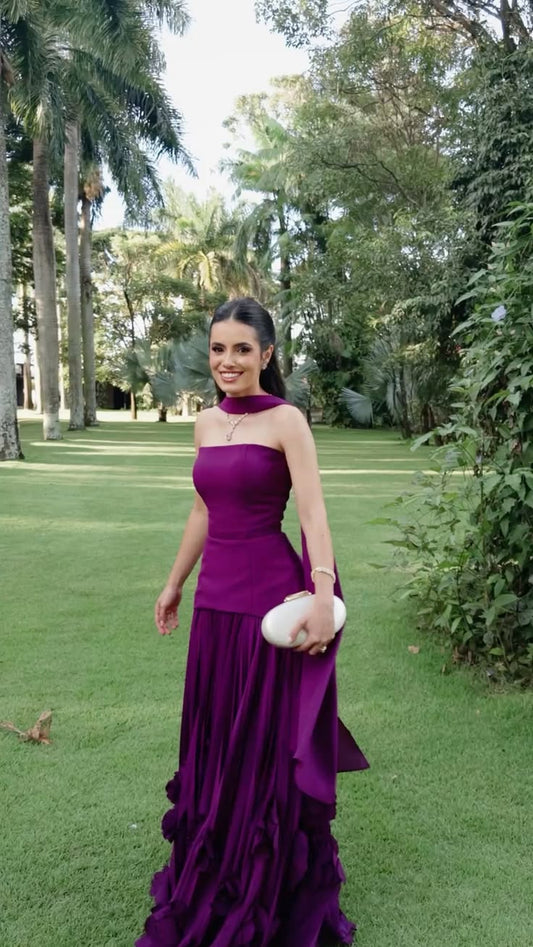 Strapless Purple Formal Wedding Guest Dress With Scarf J11836