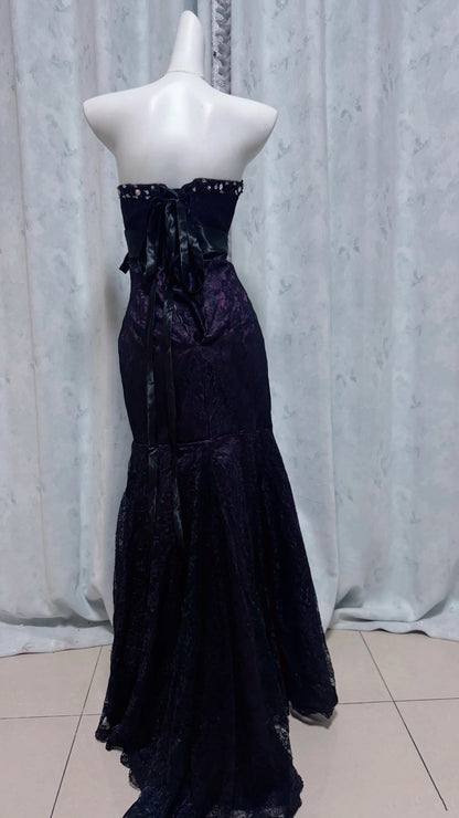Robe de bal bustier violette en satin avec appliques, robe de soirée formelle J9413