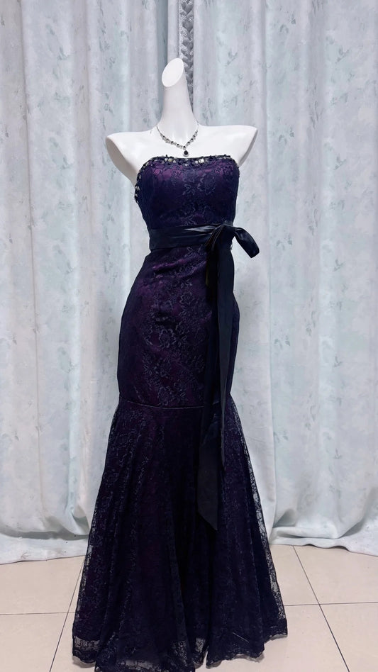 Robe de bal bustier violette en satin avec appliques, robe de soirée formelle J9413