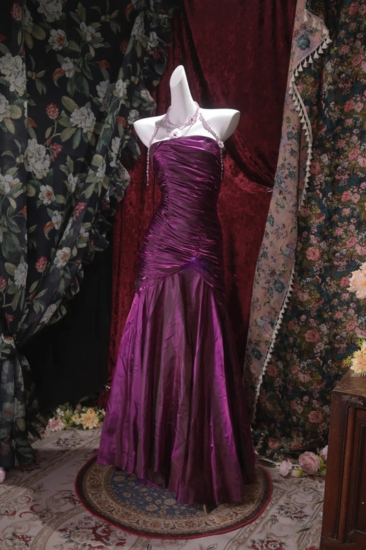 Robe de bal bustier violette en satin avec appliques, robe de soirée formelle J9413