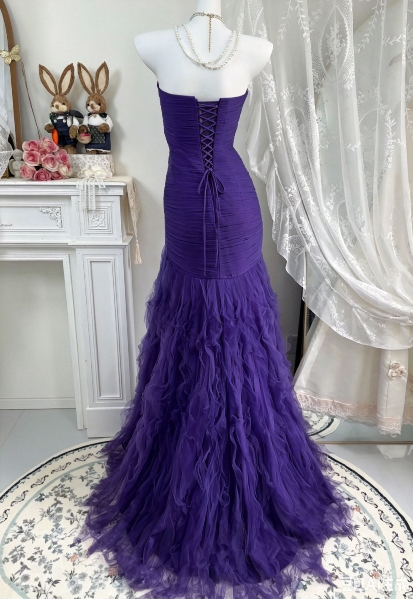 Trägerloses silbernes Vintage-Abendkleid, A-Linie, Geburtstagskleid J9370