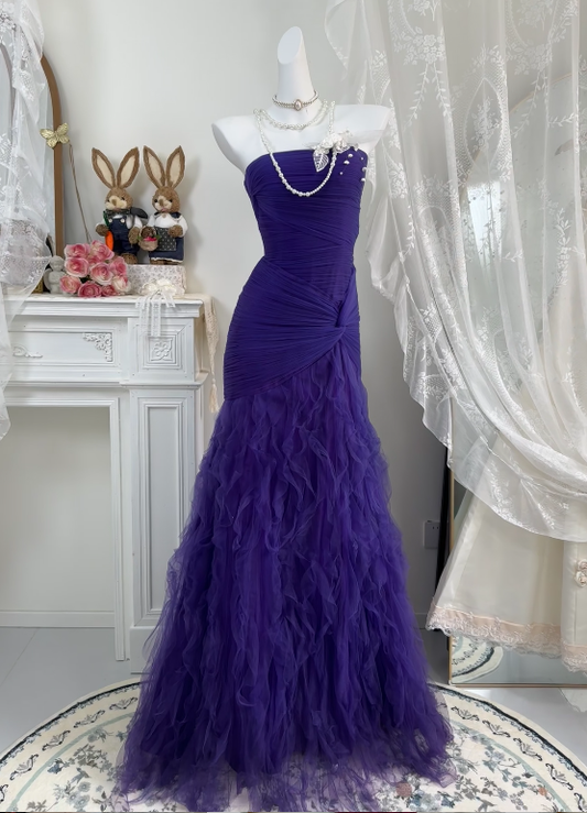 Robe de bal bustier violette en satin avec appliques, robe de soirée formelle J9413