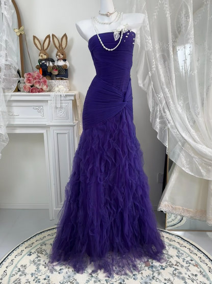 Trägerloses silbernes Vintage-Abendkleid, A-Linie, Geburtstagskleid J9370