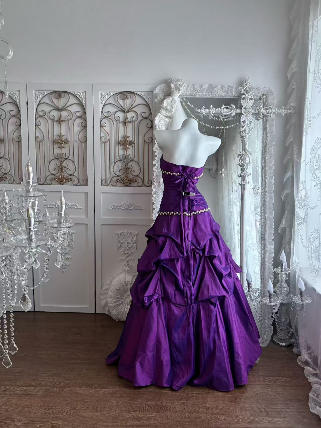 Strapless Purple Retro Prom Dress Pearl Beaded Birthday Dress  J10869
