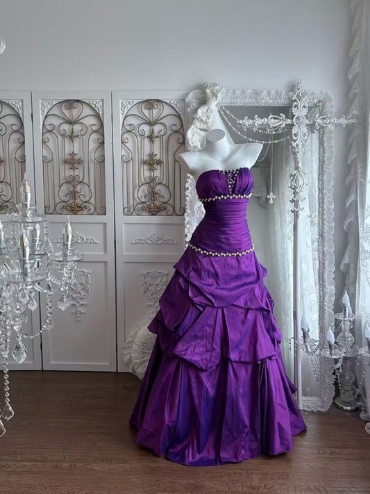 Strapless Purple Retro Prom Dress Pearl Beaded Birthday Dress  J10869