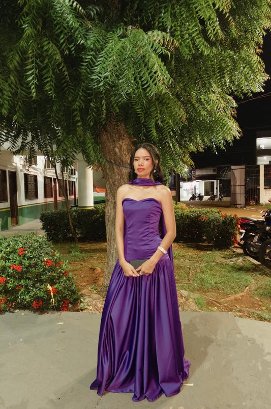 Strapless Purple Satin Formal Wedding Guest Dress With Scarf  J11835