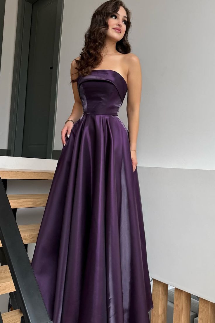 Strapless Purple Satin Prom Dress A Line Wedding Guest Dress  J10781