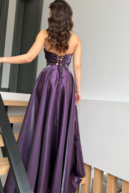 Strapless Purple Satin Prom Dress A Line Wedding Guest Dress  J10781
