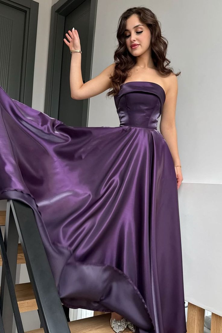 Strapless Purple Satin Prom Dress A Line Wedding Guest Dress  J10781