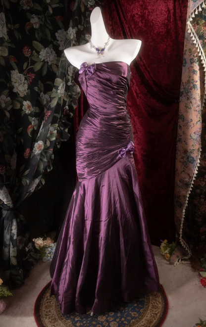 Strapless Purple Satin Prom Dress Retro Formal Evening Gown  J10117