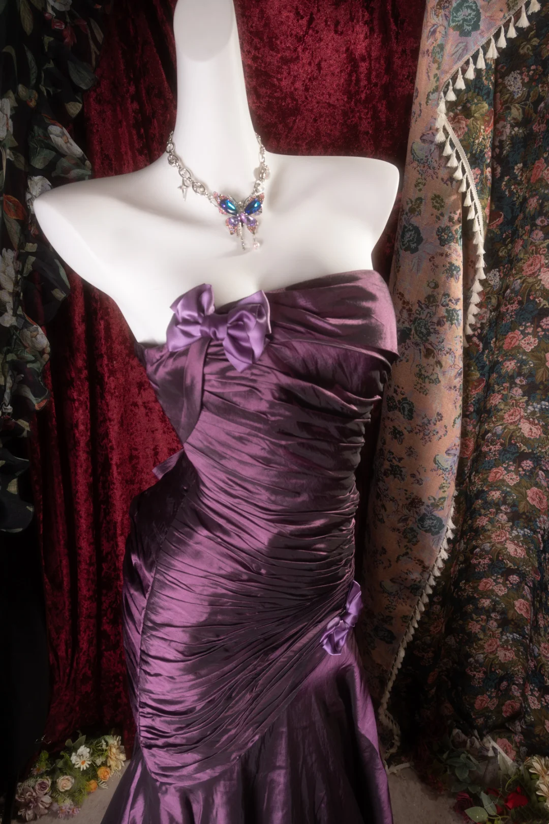 Strapless Purple Satin Prom Dress Retro Formal Evening Gown  J10117