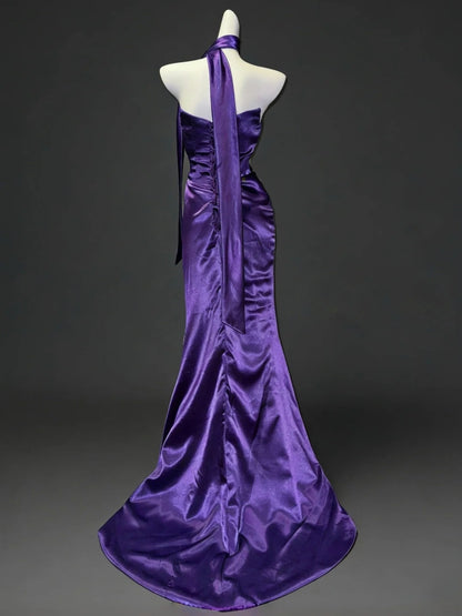 Strapless Purple Satin Prom Dress Sheath Evening Dress With Scarf  J10298