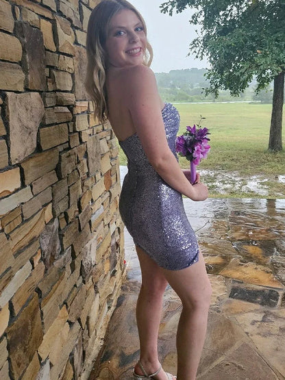 Strapless Purple Sequin Sheath Mini Homecoming Dress With Slit  J11626