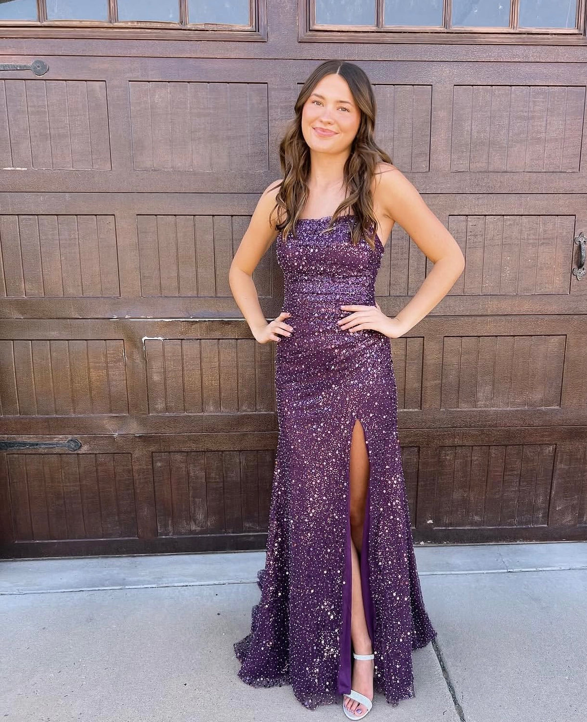Strapless Purple Sequins Mermaid Prom Dress With Slit  J12189