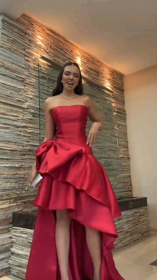 Strapless Red Satin Formal Dress A Line Homecoming Dress  J11807