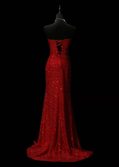 Strapless Red Sequin Mermaid Formal Prom Dress With Slit  J11822