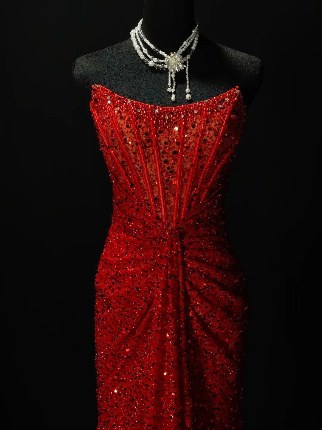 Strapless Red Sequin Mermaid Formal Prom Dress With Slit  J11822