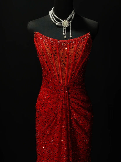 Strapless Red Sequin Mermaid Formal Prom Dress With Slit  J11822
