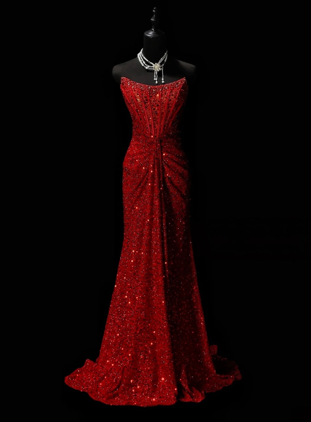Strapless Red Sequin Mermaid Formal Prom Dress With Slit  J11822