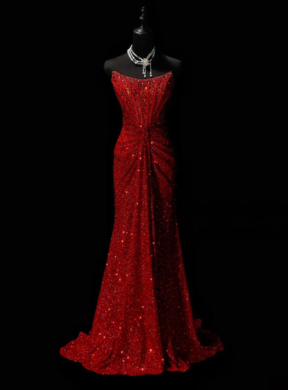 Strapless Red Sequin Mermaid Formal Prom Dress With Slit  J11822