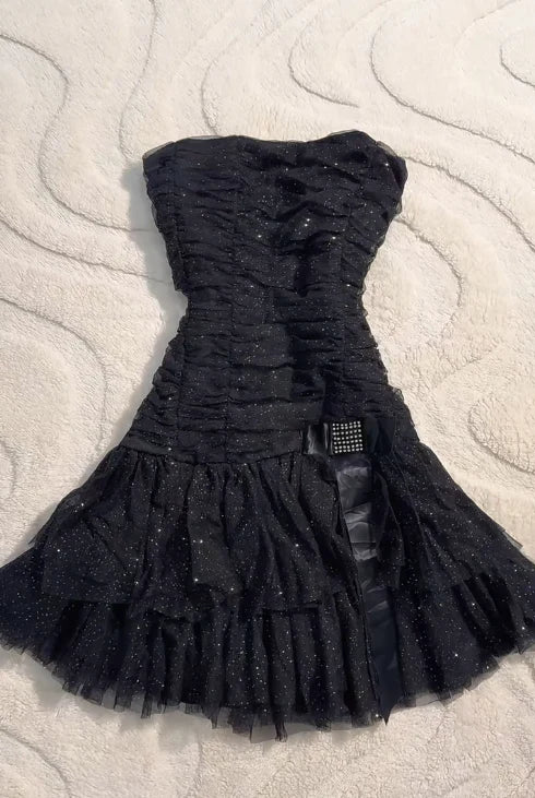 Strapless Retro Black Homecoming Dress Sparkle Birthday Dress  J10354