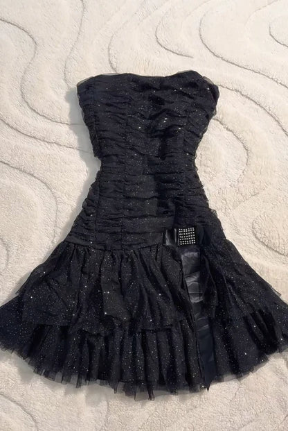 Strapless Retro Black Homecoming Dress Sparkle Birthday Dress  J10354