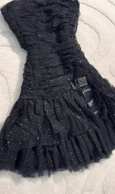 Strapless Retro Black Homecoming Dress Sparkle Birthday Dress  J10354
