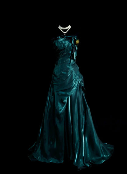 Trägerloses silbernes Vintage-Abendkleid, A-Linie, Geburtstagskleid J9370