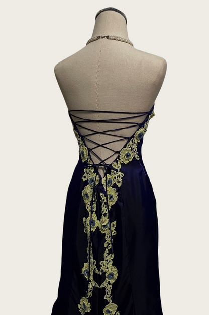 Robe de bal bustier violette en satin avec appliques, robe de soirée formelle J9413