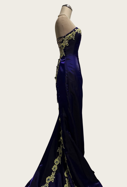 Robe de bal bustier violette en satin avec appliques, robe de soirée formelle J9413