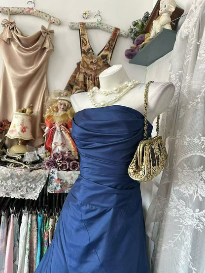 Trägerloses silbernes Vintage-Abendkleid, A-Linie, Geburtstagskleid J9370