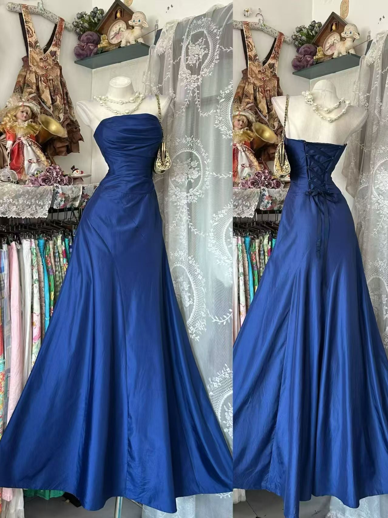 Trägerloses silbernes Vintage-Abendkleid, A-Linie, Geburtstagskleid J9370