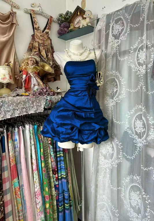 Strapless Royal Blue A Line Homecoming Dress Short Taffeta Birthday Dress  J11016