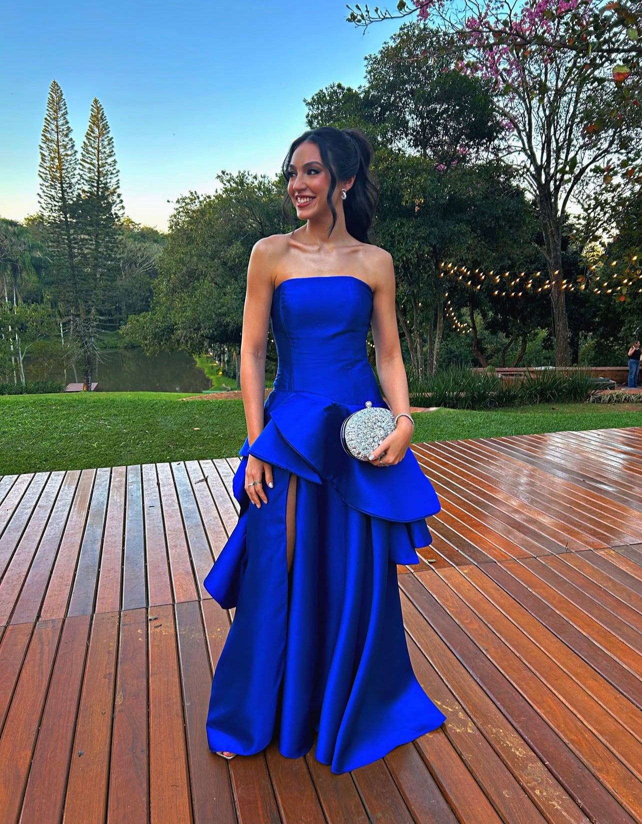 Trägerloses silbernes Vintage-Abendkleid, A-Linie, Geburtstagskleid J9370