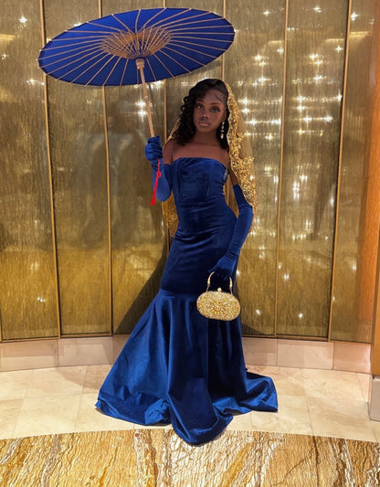 Strapless Royal Blue Mermaid Velvet Evening Gown  J12198