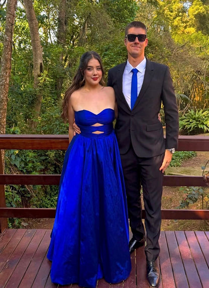 Strapless Royal Blue Satin Wedding Guest Dress Evening Gown J12089